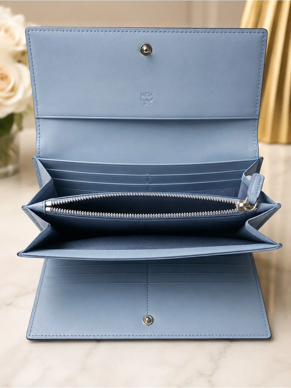 MCM Two-Tone Pebbled Leather Long Wallet in Light Blue and Gray